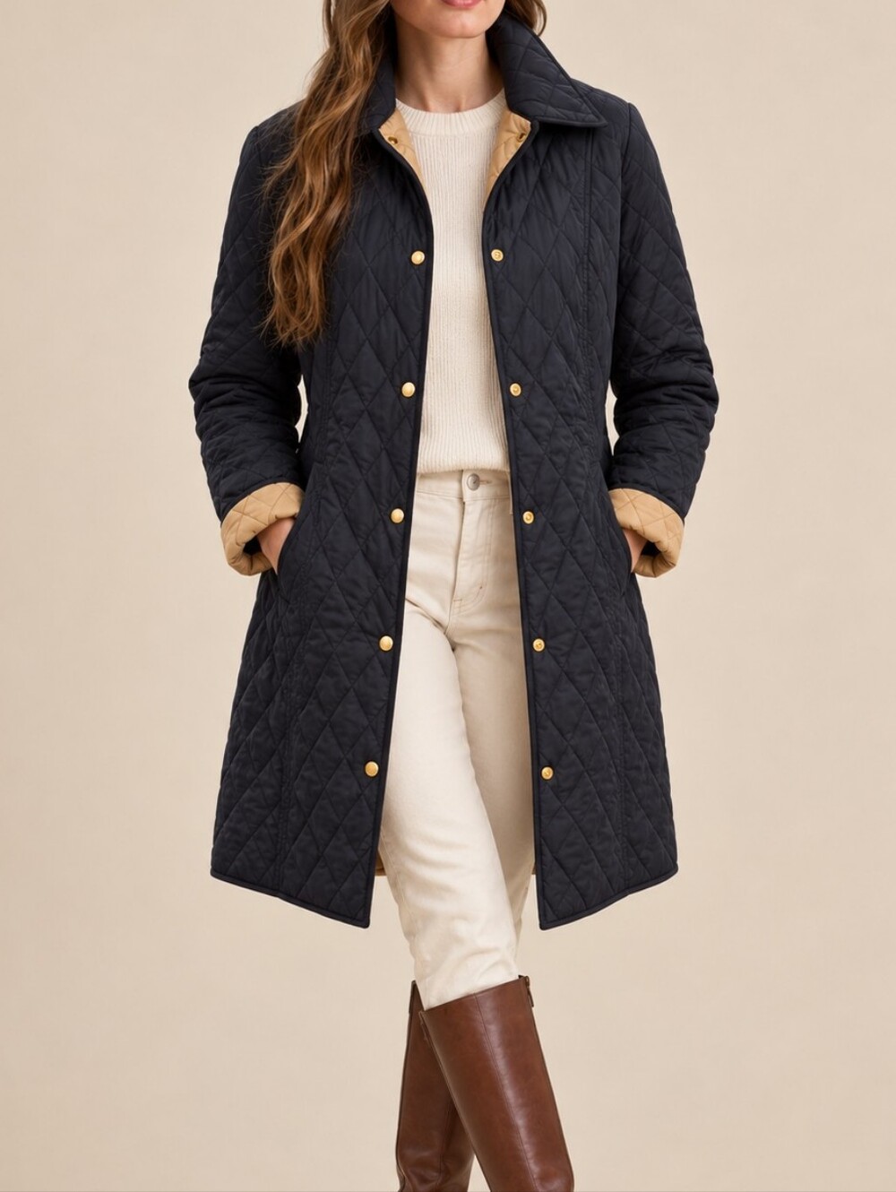 Lands’ End Quilted Longline Jacket S 6–8 Equestrian Preppy Coat